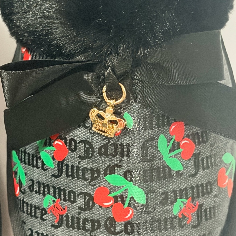 🍒Juicy Couture Black Satin Cherry Bow Slippers New without tags 🍒